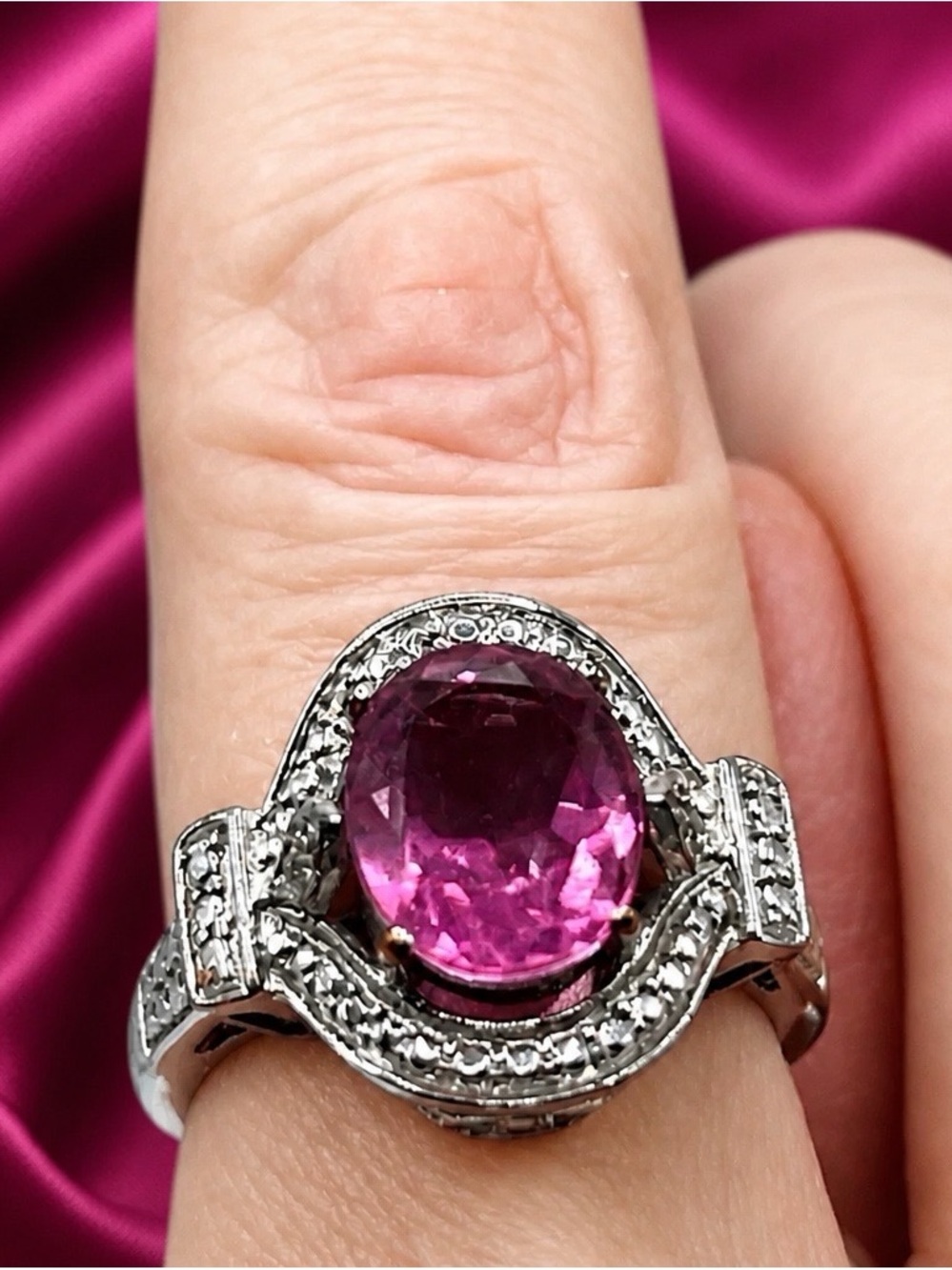 Hot Pink quartz set in caviar bead design, Rhodium over Sterling Silver setting.